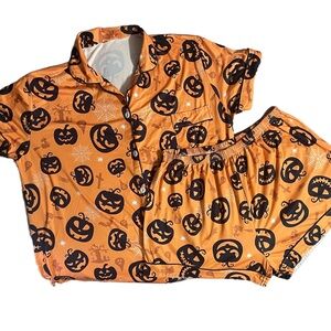 Halloween Pumpkin Print Adult Pajama Set Orange and Black XXL EUC
